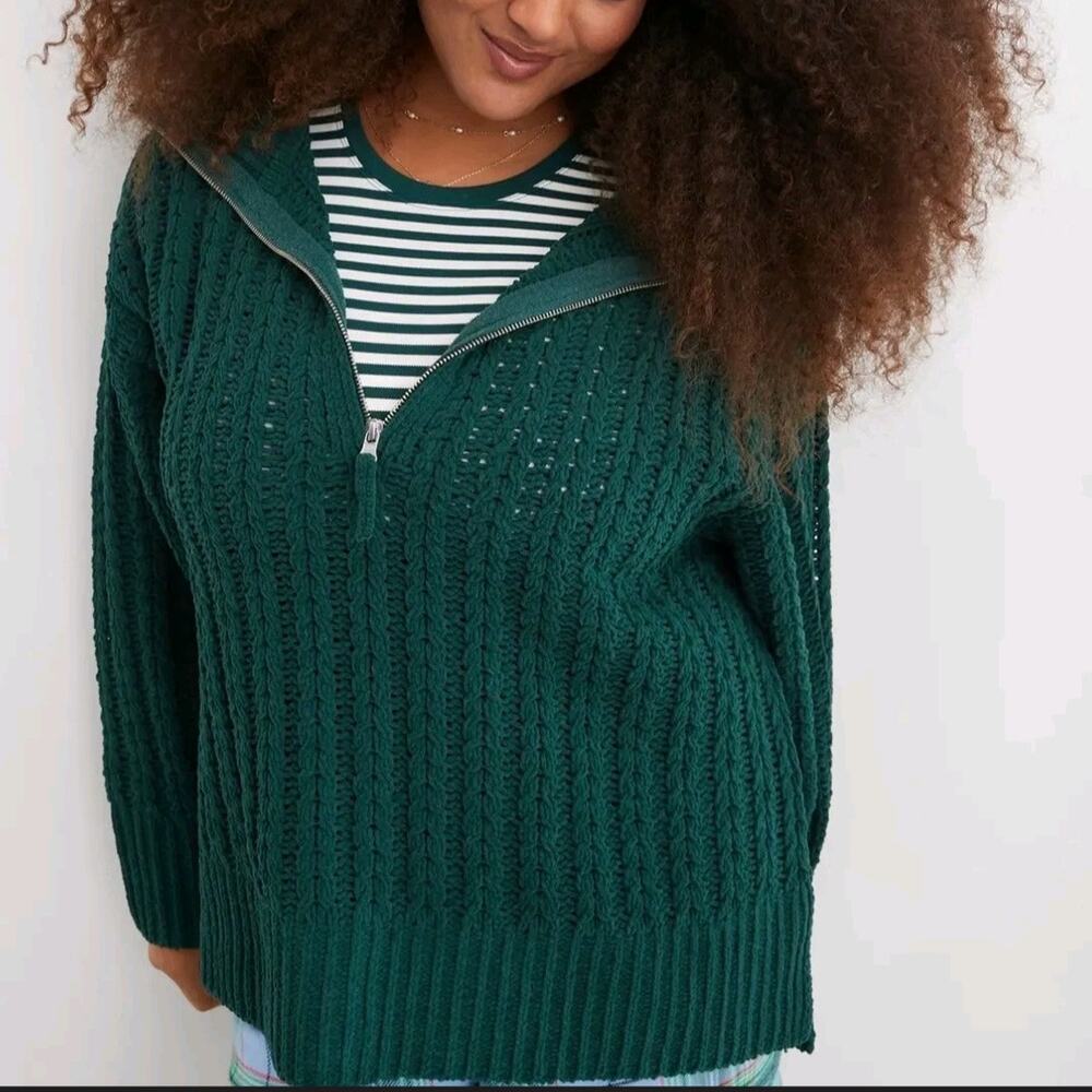 Aerie Cable Car Quarter Zip Green Oversized Sweater XS